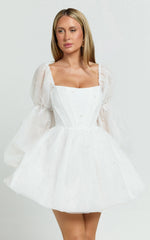 Ingrid Mini Dress - Long Puff Sleeve Pearl Detail Dress in White