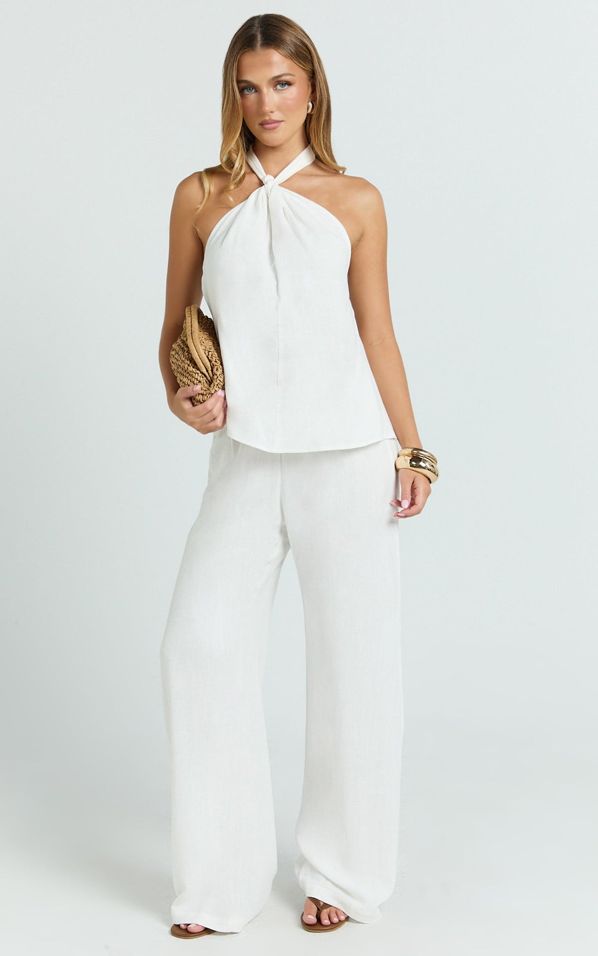 Ingrid Two Piece Set - Knot Detail Halter Neck Top and Wide Leg Pants Set in Off White