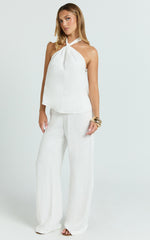 Ingrid Two Piece Set - Knot Detail Halter Neck Top and Wide Leg Pants Set in Off White