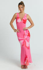 Iris Maxi Dress - Sleeveless V Neckline Dress in Fuschia Floral
