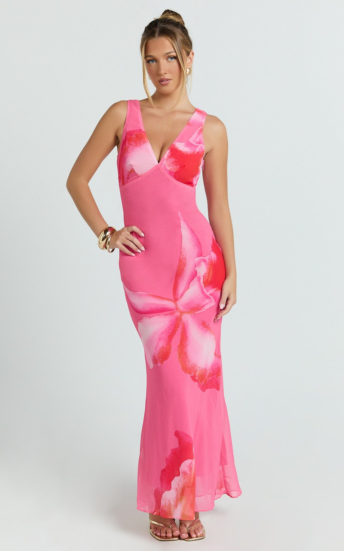 Iris Maxi Dress - Sleeveless V Neckline Dress in Fuschia Floral