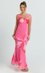 Iris Maxi Dress - Sleeveless V Neckline Dress in Fuschia Floral