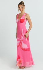 Iris Maxi Dress - Sleeveless V Neckline Dress in Fuschia Floral