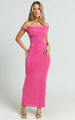 Isabel Midi Dress - Twist Off Shoulder Bodycon Dress in Pink