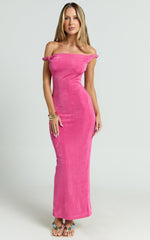 Isabel Midi Dress - Twist Off Shoulder Bodycon Dress in Pink