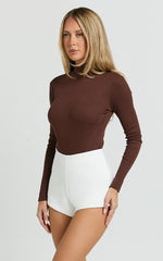 Isabela Bodysuit - High Neck Long Sleeve Ribbed Bodysuit in Brown