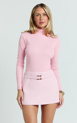 Isabela Bodysuit - High Neck Long Sleeve Ribbed Bodysuit in Pink