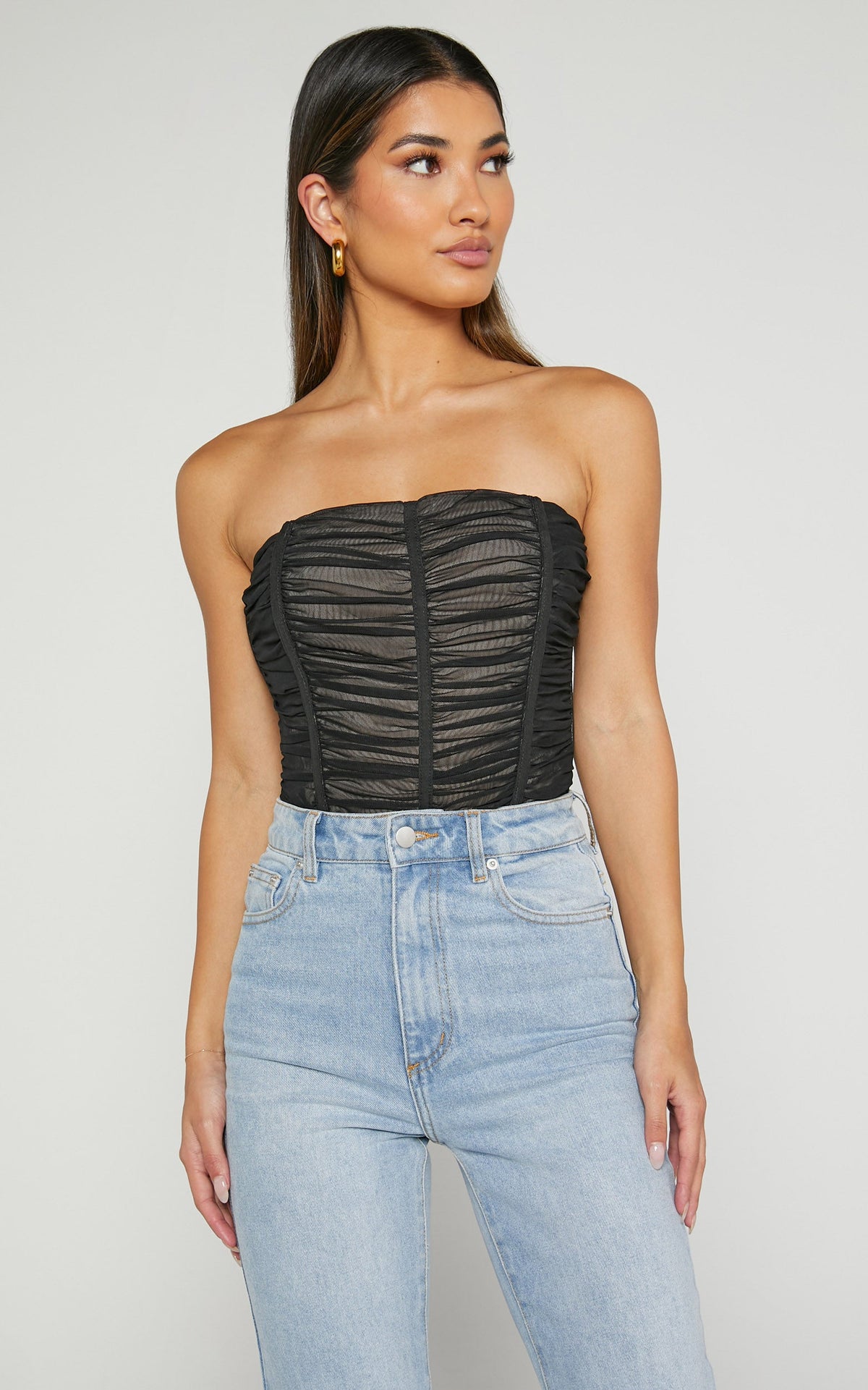 Isabella Bodysuit - Ruched Strapless Mesh Corset in Black