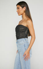 Isabella Bodysuit - Ruched Strapless Mesh Corset in Black