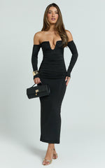 Isabelle Maxi Dress - Ruche Front Deep U Off Shoulder Fitted Dress in Black