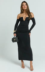 Isabelle Maxi Dress - Ruche Front Deep U Off Shoulder Fitted Dress in Black