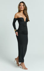 Isabelle Maxi Dress - Ruche Front Deep U Off Shoulder Fitted Dress in Black