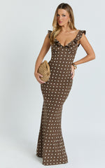 Isla Maxi Dress - Ruffle Sleeve Polka Dot Dress in Chocolate Polka Dot