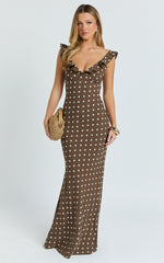Isla Maxi Dress - Ruffle Sleeve Polka Dot Dress in Chocolate Polka Dot