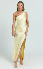 Isla Maxi Dress - Satin One Shoulder Side Split Dress in Lemon