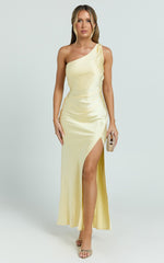 Isla Maxi Dress - Satin One Shoulder Side Split Dress in Lemon