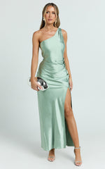 Isla Maxi Dress - Satin One Shoulder Side Split Dress in Sage