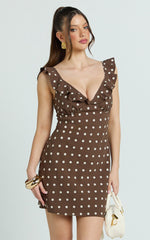 Isla Mini Dress - Ruffle Sleeve A Line Dress in Chocolate Polka Dot