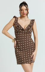 Isla Mini Dress - Ruffle Sleeve A Line Dress in Chocolate Polka Dot