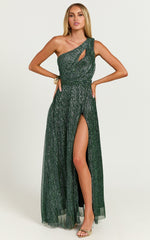 Isra Maxi Dress - Lurex Slit Cut Out One Shoulder Dress in Emerald