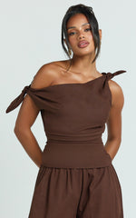 Ivy Top - Linen Off Shoulder Tie Top in Chocolate
