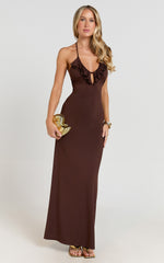 Izira Maxi Dress - Jersey Plunge Keyhole Bodycon Dress in Chocolate
