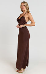 Izira Maxi Dress - Jersey Plunge Keyhole Bodycon Dress in Chocolate