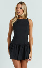 Izira Mini Dress - Boat Neck Drop Waist Shift Dress in Black