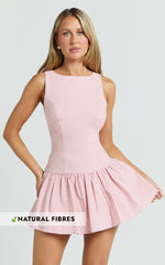 Izira Mini Dress - Boat Neck Drop Waist Shift Dress in Pink
