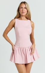 Izira Mini Dress - Boat Neck Drop Waist Shift Dress in Pink