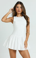 Izira Mini Dress - Boat Neck Drop Waist Shift Dress in White