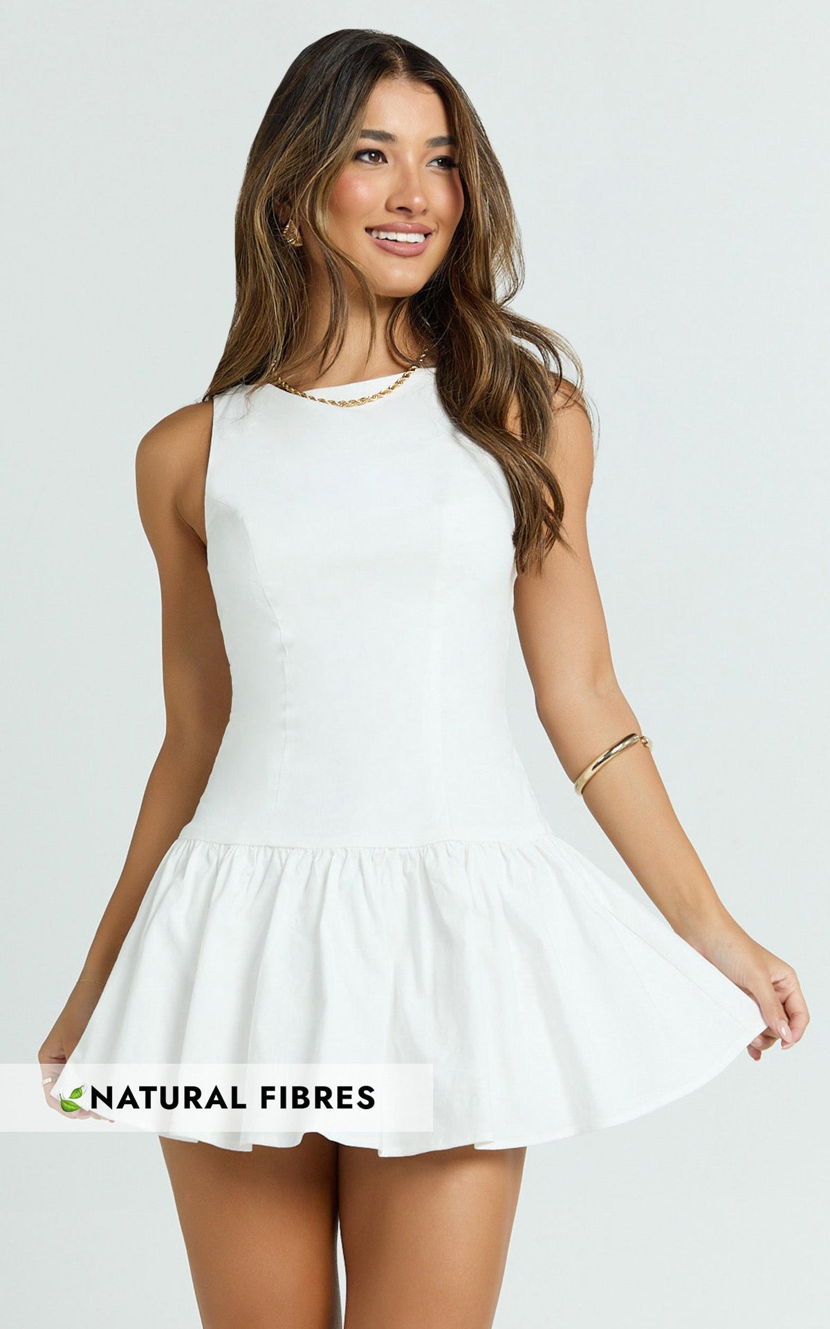 Izira Mini Dress - Boat Neck Drop Waist Shift Dress in White