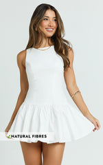 Izira Mini Dress - Boat Neck Drop Waist Shift Dress in White