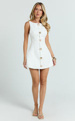 Izzy Mini Dress - Gold Trims Feature Tulip Skirt Dress in White