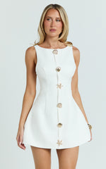 Izzy Mini Dress - Gold Trims Feature Tulip Skirt Dress in White