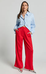 Jacie Pants - High Waisted Relaxed Textured Pants in Red