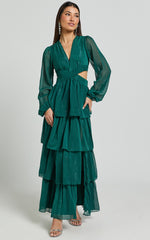 Jacinda Maxi Dress - Cut Out Long Sleeve Thigh Split Tiered Dress in Emerald