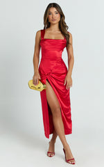 Jacinda Midi Dress - Pleated Bust Draped Front Fitted Dress in Red