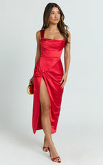 Jacinda Midi Dress - Pleated Bust Draped Front Fitted Dress in Red