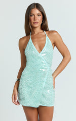 Jacintha Mini Dress - Sequin Halter Wrap Dress in Teal