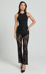 Jaclyn Pants - Mid Waist Lace Straight Leg Pants in Black