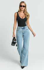 Jacqueline Jeans - High Waisted Relaxed Recycled Denim Bootcut Jeans in Mid Blue Wash