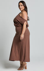 Jacqueline Midi Dress - Linen One Shoulder Dress in Chocolate