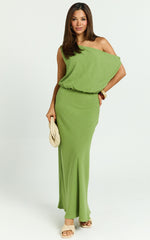 Jacqueline Midi Dress - Linen One Shoulder Dress in Green
