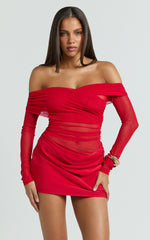 Jade Mini Dress - Long Sleeve Off Shoulder Draped Bias Cut Dress in Red