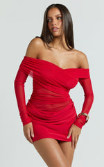 Jade Mini Dress - Long Sleeve Off Shoulder Draped Bias Cut Dress in Red