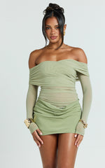Jade Mini Dress - Long Sleeve Off Shoulder Draped Bias Cut Dress in Sage