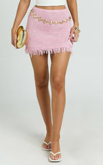Jaden Mini Skirt - Sequin Knit Low Rise Skirt with Shell Belt in Light Pink