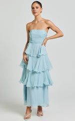 Jaiden Midi Dress - Strappless Layered Dress in Blue