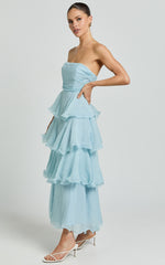Jaiden Midi Dress - Strappless Layered Dress in Blue